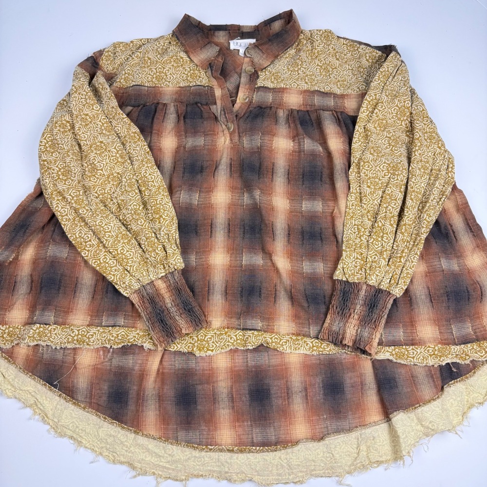 Oli & Hali Mixed Media Plaid Peasant Boho Fall Cottage Top Brown Yellow Large